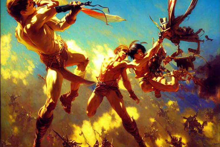 Prompt: attack on titans, sunny, cool colors, painting by gaston bussiere, craig mullins, j. c. leyendecker