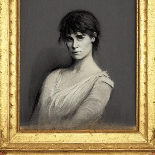 Prompt: portrait of a young action heroine, by alfred stevens in charcoal