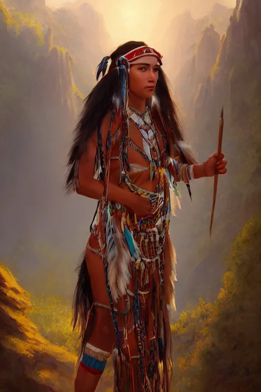 Image similar to beautiful young Cherokee woman in a native american outfit, full body photo, intricate, elegant, volumetric lighting, scenery, digital painting, highly detailed, artstation, sharp focus, illustration, concept art, ruan jia, steve mccurry and Irakli Nadar
