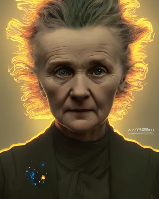 Image similar to marie curie on icerberg, evening, burning skies, 4 k, ultra realistic, beautiful eyes, epic lighting, starry sky, magical, glowing forest, mushrooms, machines, high detail, masterpiece, trending on artstation by artgerm and akihito tsukushi and alphonse mucha