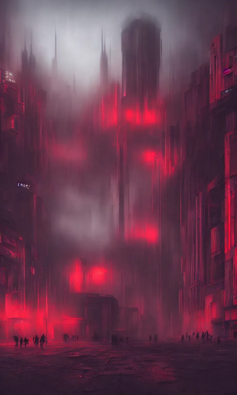 Image similar to Matte painting of dark brutalist cyberpunk cathedral with red neon signs, abandoned streets, cityscape, dark sky, hyper realism, fog, 8k, trending on artstation