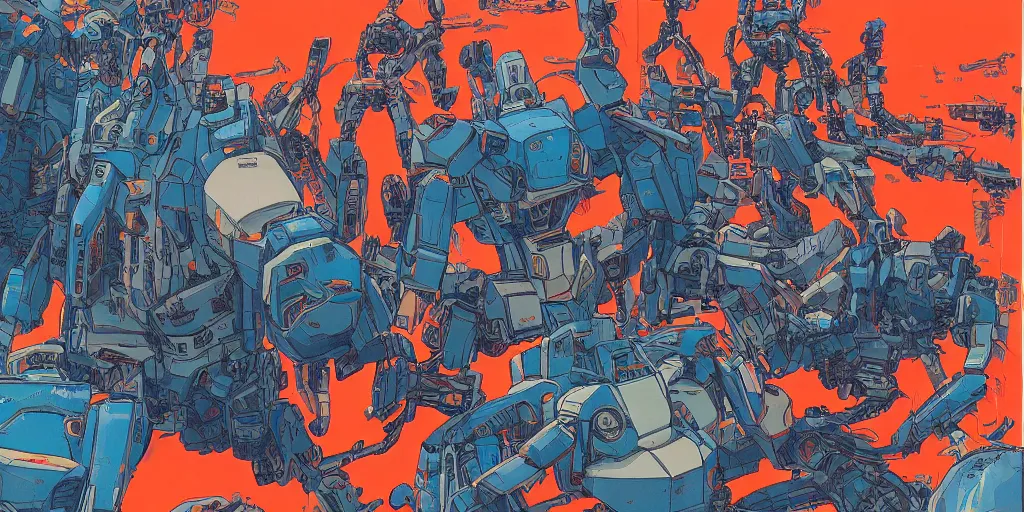 Image similar to risograph, gigantic mecha faces, no artifacts, tiny rats, a lot of exotic animals around, big human faces everywhere, by satoshi kon and moebius, matte blue colors, surreal design, crispy, super - detailed, a lot of tiny details, no blur, 4 k, fullshot