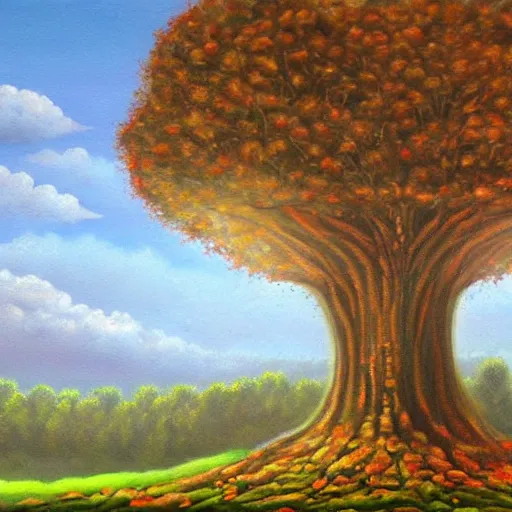 Prompt: A beautiful leafy tree as big as a mushroom cloud, shading a regular-sized modern city below it. Fantasy art, oil painting.