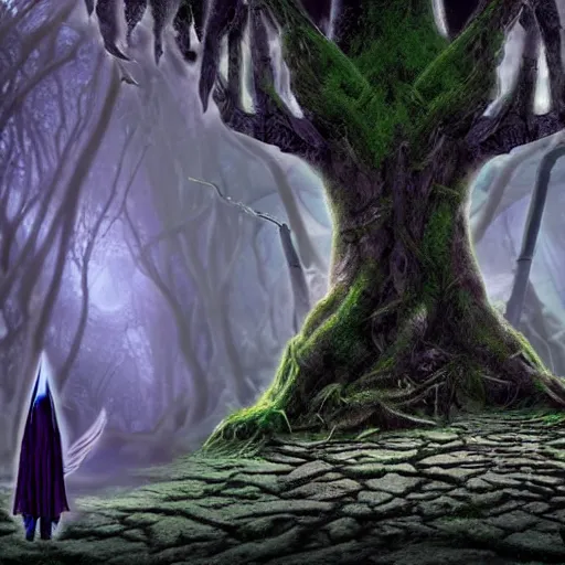 Prompt: a wizard walking towards a ravenous, ominous portal to hades embedded in a creepy tree in a densely overgrown, magical jungle, fantasy, dreamlike sunraise, ultra realistic, atmospheric, stopped in time, dreamlike light incidence