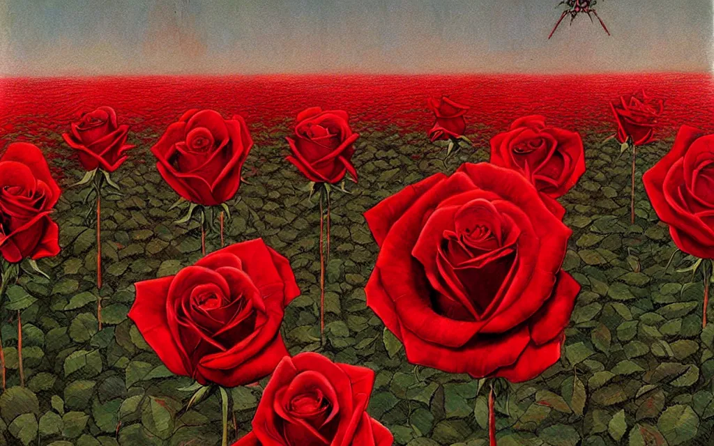 Prompt: a futurist cybernetic red rose field, future perfect, award winning digital art by santiago caruso and bruce pennington