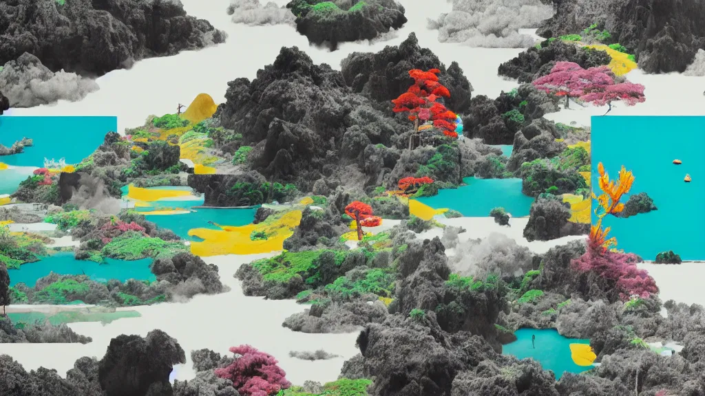 Image similar to dramatic landscape of amami oshima, japan, a collage painting, in the style of wes anderson, lola dupre, david hockney, isolated on negative white space background dark monochrome neon fluorescent spraypaint accents volumetric octane render