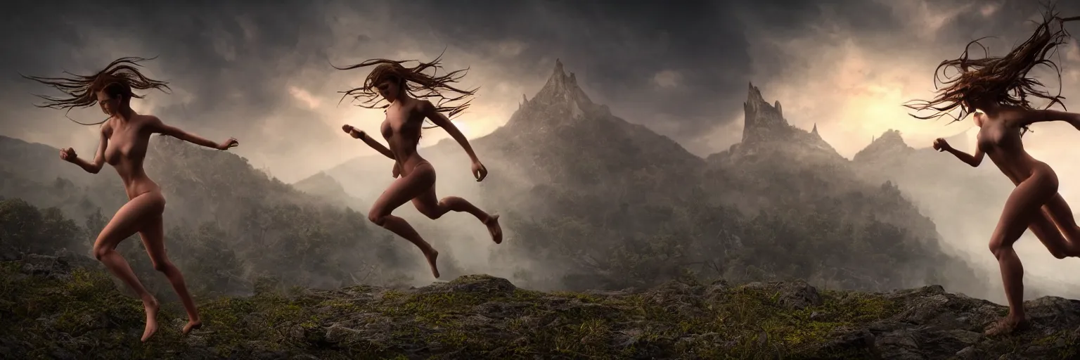 Prompt: epic fantasy render of a twelve running gorgeous athletic girls body, no clothes, very long light hairs, dark woods, mountains, castle on the mountain, rocks, waterfall, apocalypse, meteors falling, woods on fire, huge spaceship falling on earth from the sky, highly detailed, cinematic, hyperrealism, gainsboro, dynamic lighting, octane render