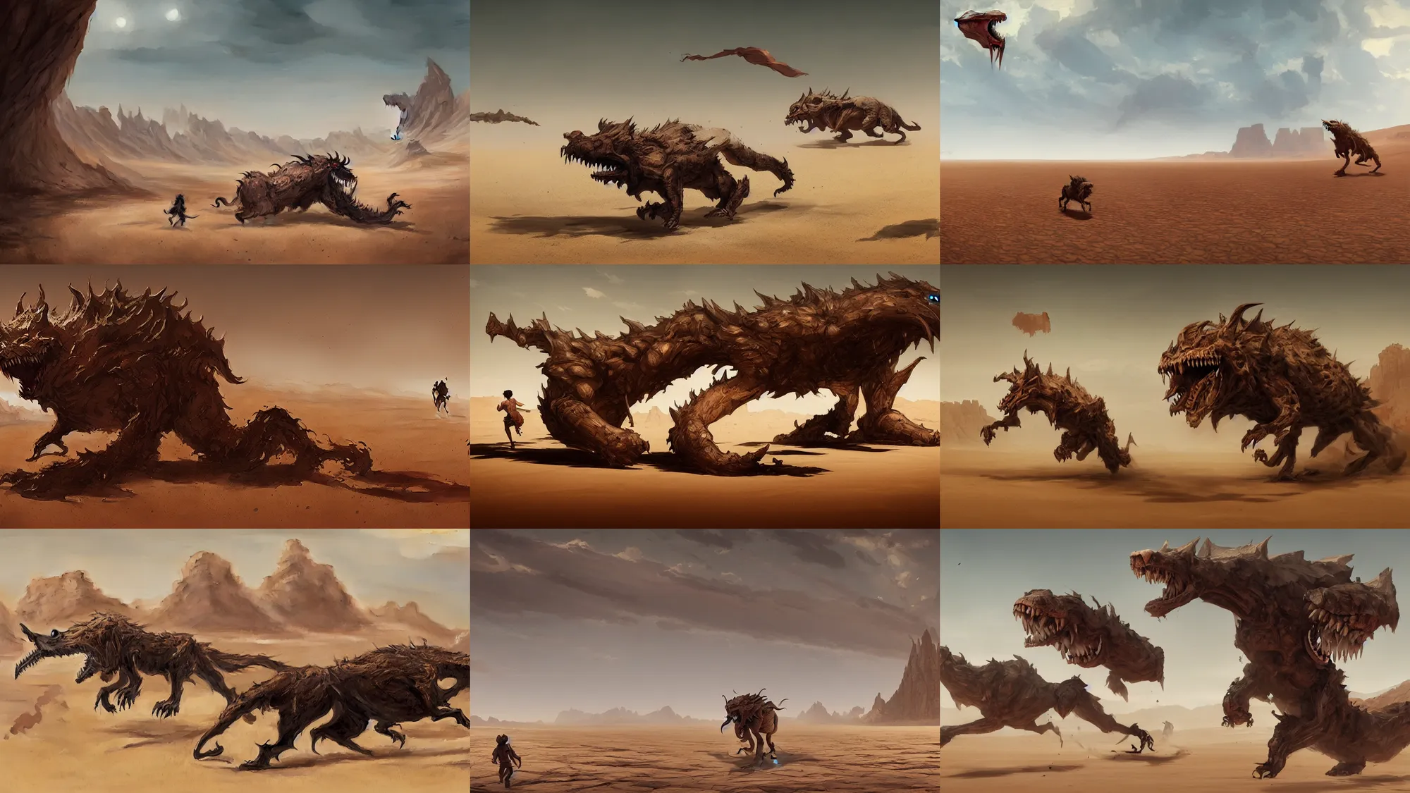 Prompt: tooth beast running across the open desert, empty desert, sand, karst landscape, wide shot, concept art by greg rutkowski