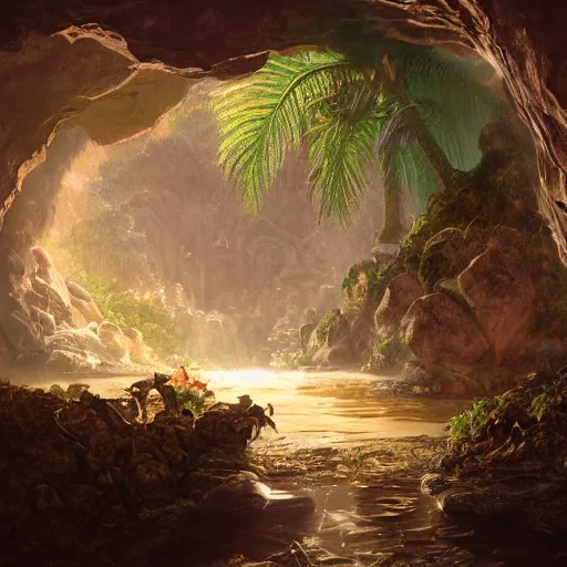 Prompt: A large acid dragon egg inside a tropical cave, fantasy art by albert bierstadt and James Gurney, highly detailed, digital painting, matte painting, concept art, illustration, oppressive lighting, trending on artstation, very detailed