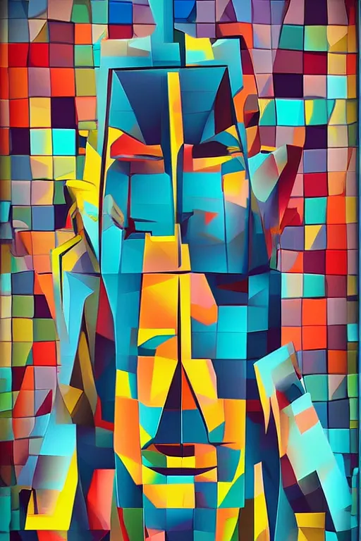 Image similar to cubist moai statue cutout digital illustration cartoon colorful beeple