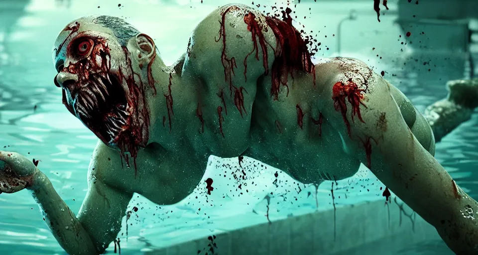 Image similar to highly detailed full body portrait of a zombie swimming underwater in a zombie - apocalypse, in a swimming pool, by greg rutkowski, octane render