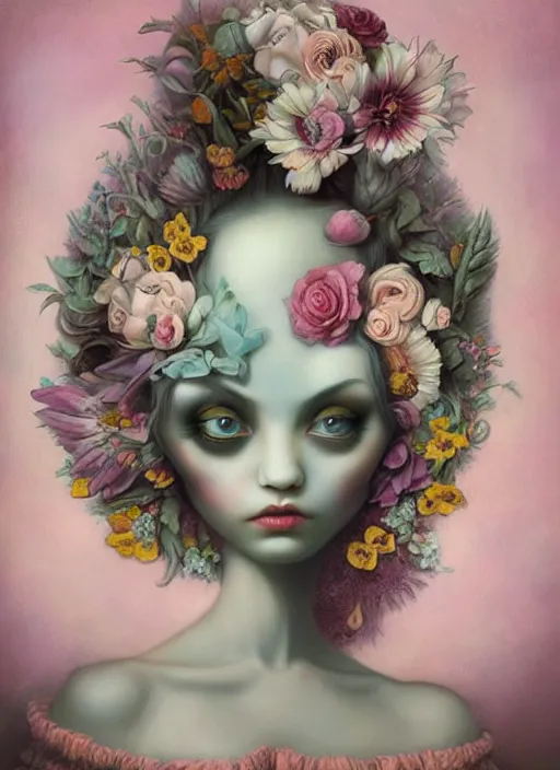 Prompt: pop surrealism, lowbrow art, realistic cute flowers painting, hyper realism, muted colours, rococo, natalie shau, loreta lux, tom bagshaw, mark ryden, trevor brown style,