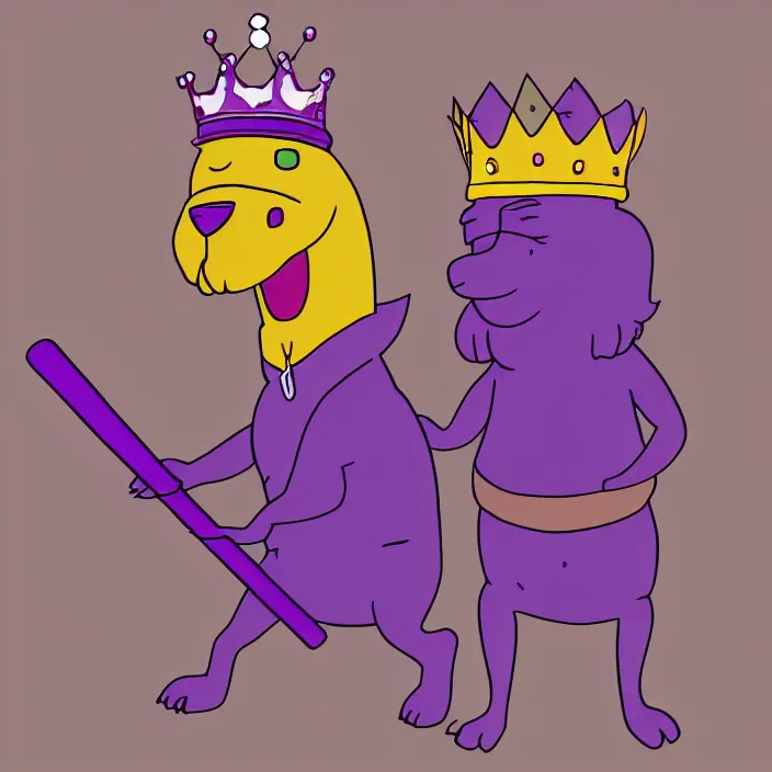 Prompt: a digital drawing of an anthropomorphic dog wearing a purple hoodie and a crown, smashing a golden trophy with a baseball bat. in the style of bojack horseman. lisa hanawalt