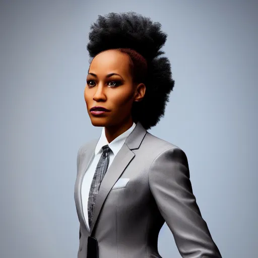 Prompt: professional portrait photo of a humanoid african american, digital - art woman with a suit super hero, very sharp and detailed, octane render