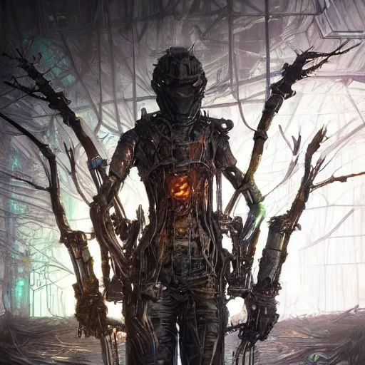 Image similar to Hunter in combat wooden exoskeleton with chrome details walks between the roots. by Dan Mumford and Tsutomu Nihei make game in Unreal Engine photorealism colorful finalRender iridescent fantasy concept art 8k resolution concept art ink drawing volumetric lighting bioluminescence, plasma, neon, brimming with energy, electricity, power, Colorful Sci-Fi Steampunk Biological Living, cel-shaded, depth, particles, lots of reflective surfaces, subsurface scattering