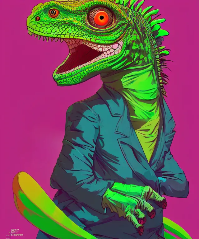 Prompt: a portrait of an iguana wearing a clown outfit, cyberpunk!, fantasy, elegant, digital painting, artstation, concept art, matte, sharp focus, illustration, art by josan gonzalez