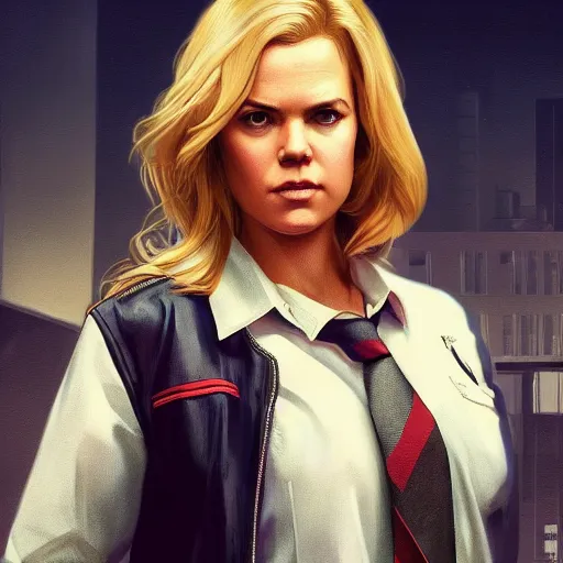 Image similar to Cindy Busby with blonde hair as a CSI detective as a grand theft auto 5 loading screen, close shot, gorgeous, beautiful, intricate, highly detailed, digital painting, artstation, oppressive lighting, concept art, sharp focus, illustration, art by greg rutkowski and alphonse mucha