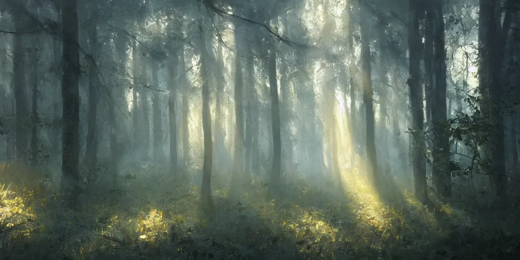 Image similar to A Craig Mullins oil painting of a hauntingly beautiful forest in the morning with straight vertical trees; rays of light coming through the canopy; trending on artstation; extraordinary masterpiece!!!!!!; 8k