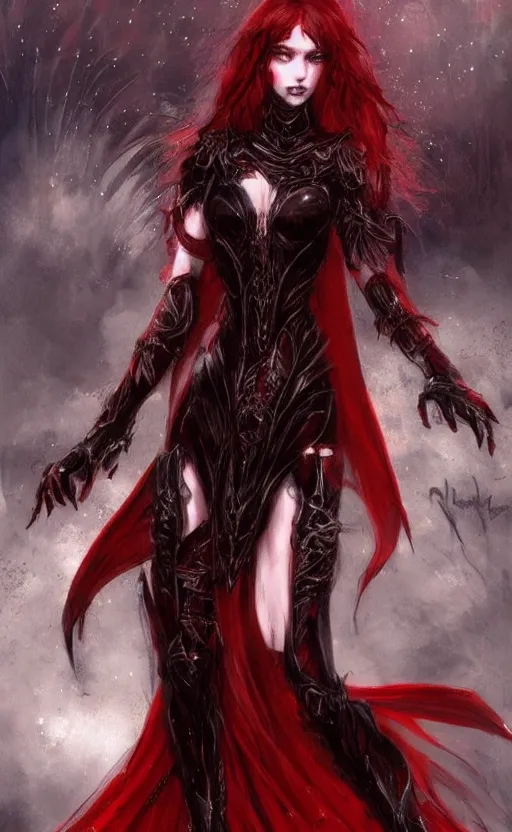 Image similar to Concept art Gothic princess in dark and red dragon armor. By Joseph Mallord William Turner, Luis Royo, artstation trending, highly detailded