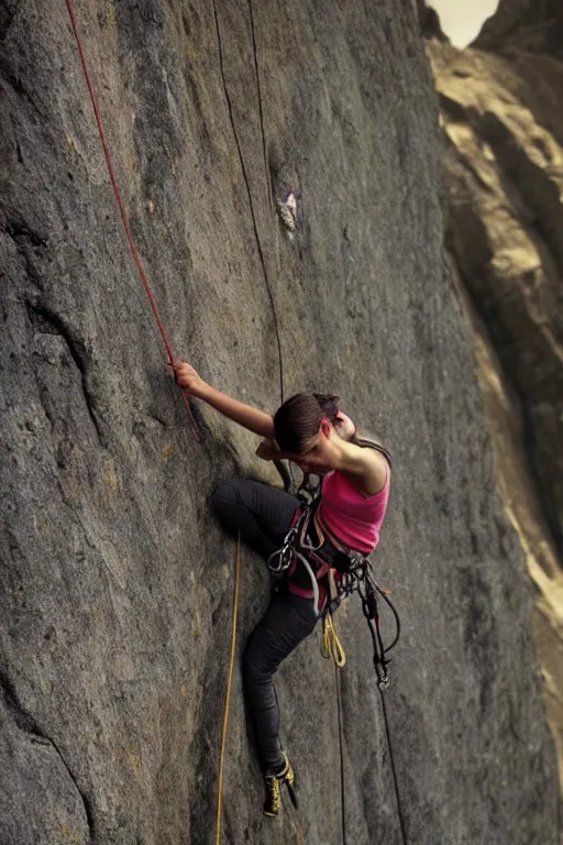 Prompt: a hyperrealistic portrait of Frida kahlo rock climbing, hd, 8k, artstation