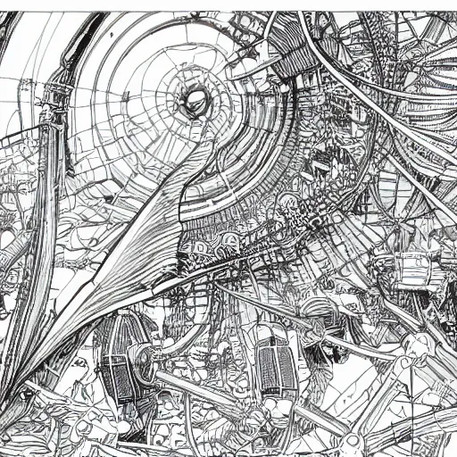 Image similar to hyper detailed comic illustration of a wind turbine blueprint, black ball pen on white paper, by Josan Gonzalez and Geof Darrow, intricate details