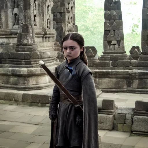 Image similar to elegant young arya stark, photograph 3 5 mm, shot from game of thrones, at borobudur, artstation