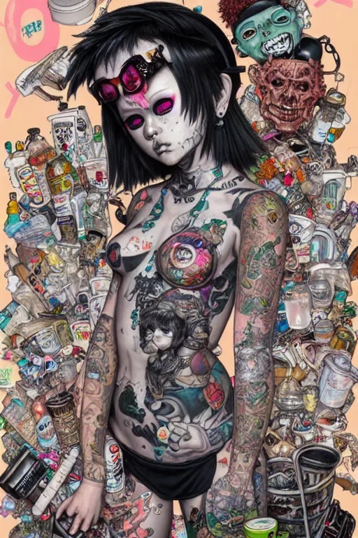 Image similar to full view, from a distance, of anthropomorphic trashcan punk with tattoos, full of trash, style of yoshii chie and hikari shimoda and martine johanna, highly detailed