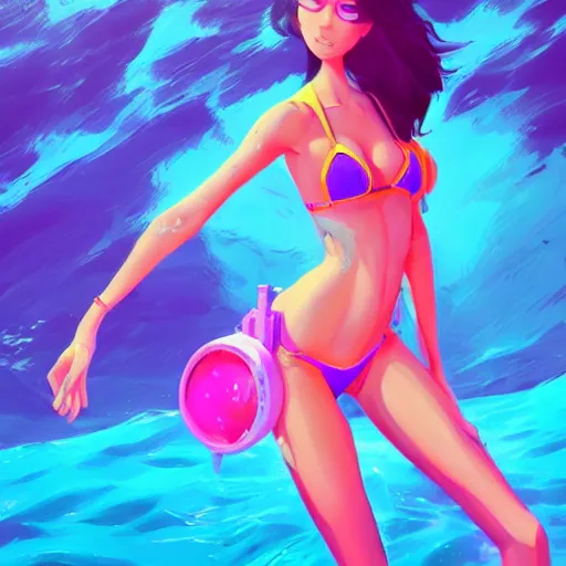 Image similar to neon bikini woman in the ocean | hyperrealistic digital painting by makoto shinkai, ilya kuvshinov, lois van baarle, rossdraws | afrofuturism in the style of hearthstone and overwatch, trending on artstation
