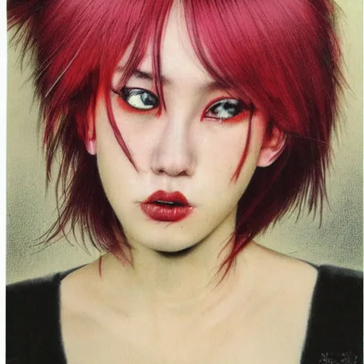 Prompt: A beautiful young woman with dyed hair hair looking disgusted away from the camera, Punk, Portrait by Noriyoshi Ohrai