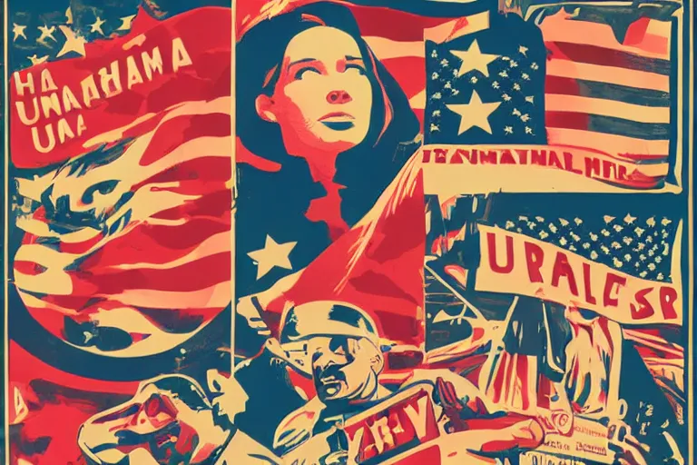 Prompt: several examples of USA national propaganda, on a retro tv:2, by Sachin Teng:6