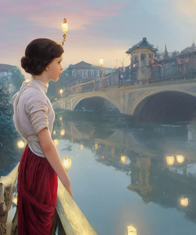 Image similar to a beautiful painting of a girl resembling millie bobby brown standing on a bridge, watching the view from the river of the lantern festival in a an ancient italian town, at night with a sky full of stars, intricate, elegant, highly detailed, digital painting, artstation, concept art, by krenz cushart and artem demura and alphonse mucha