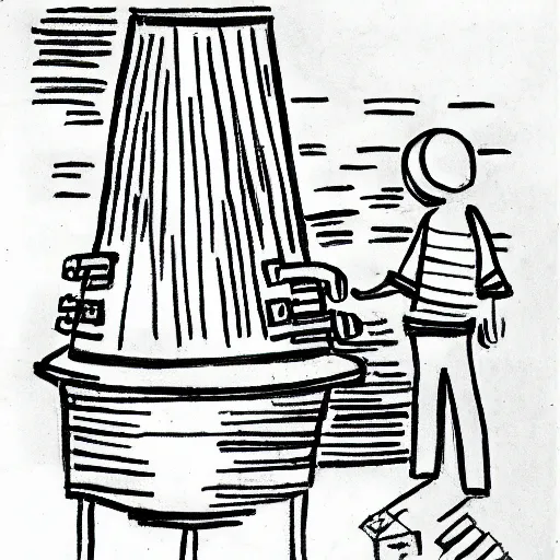 Image similar to very simple line drawing of a furnace with people around it, pen on paper simple drawing by a 7 year old