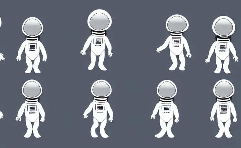 Image similar to 4 frame walk cycle of a cartoon astronaut, walk cycle animation sheet