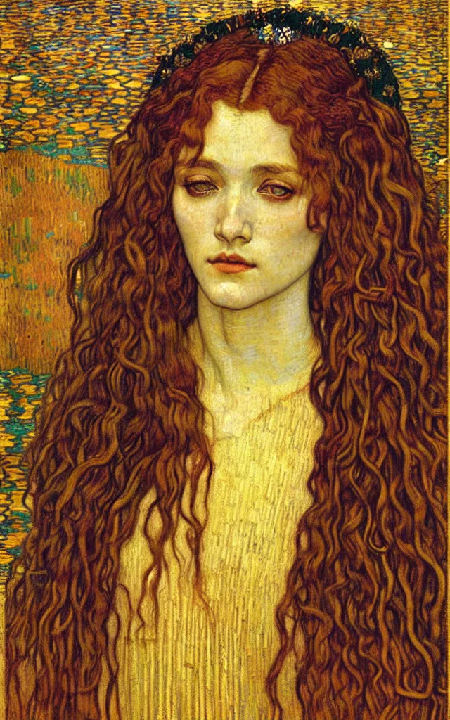 Image similar to detailed realistic beautiful young medieval queen face portrait by jean delville, gustav klimt and vincent van gogh, art nouveau, symbolist, visionary, gothic, pre - raphaelite, muted earthy colors, desaturated