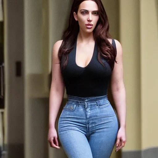 Image similar to a woman who is a genetic combination of kim kardashian and kat dennings and scarlett johansson and margot robbie and emma watson, face and upper - body focus