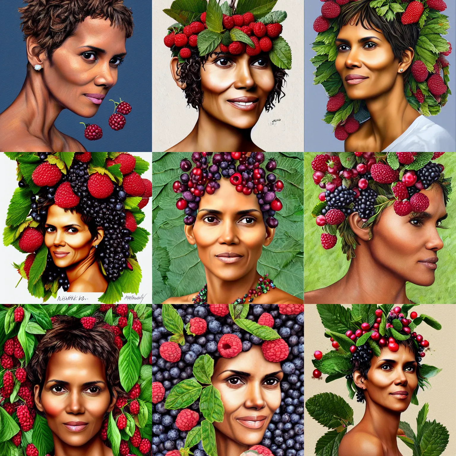Prompt: a pile of wild berries that looks exactly like halle berry, digital painting by arcimboldo