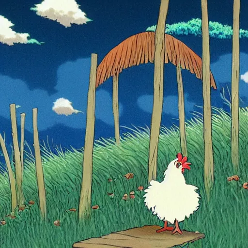 Image similar to very wise chicken by studio ghibli and bob ross