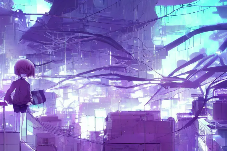 Prompt: serial experiments lain, wired landscape, cyberpunk, volumetric lighting, digital art, anime background, violet colour palette, very detailed faces, art by range murata and yasuyuki ueda