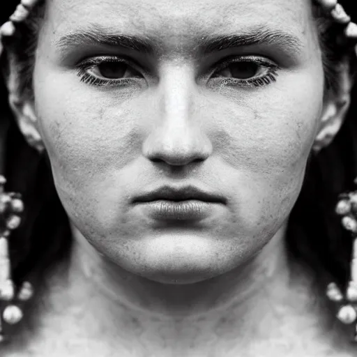 Image similar to minimalist photography portrait of an adorned germanic pagan woman, 8 0 0 ad, symmetrical, super close up, mid thirties, cute round slanted eyes, caucasian, wide nostrils, high cheekbones, full cheeks, high flat eyebrows, angelic, ethereal essence, leica 1 0 0 mm f 0. 8