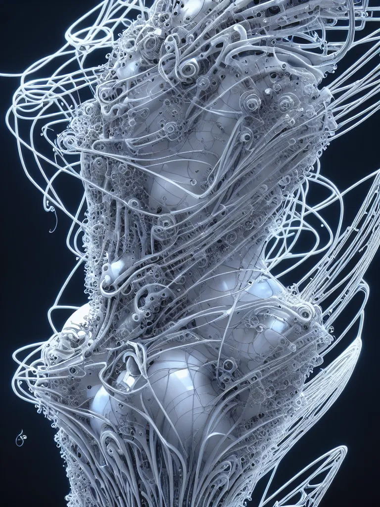 Image similar to futuristic biomech being, ethereal machine, ultralight, quantum deep magic, wings, wires and veins, ferrofluid, bismuth, unsettling yet delicate and beautiful, style blend of hideo kojima, shojo manga, and botticelli, 4 k photorealistic, ultra fine inklines, arnold render