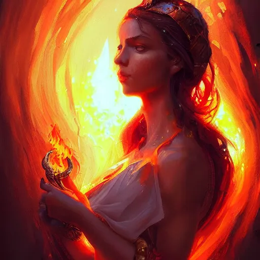 Image similar to a beautiful portrait of a fire goddess, flaming background, a detailed painting by greg rutkowski and raymond swanland, featured on cgsociety, fantasy art, detailed painting, artstation hd, photorealistic