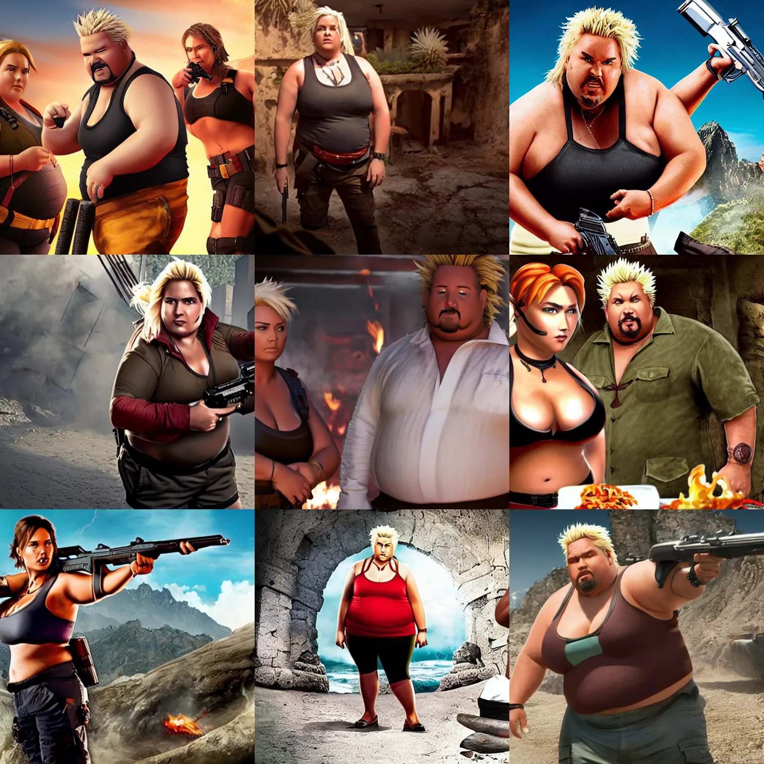 Prompt: a still from the movie with an obese Lara Croft (starring Guy Fieri), award-winning cinematography, 4k