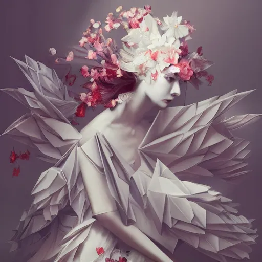 Image similar to 3 / 4 view of a beautiful girl wearing an origami dress, eye - level medium shot, fine floral ornaments in cloth and hair, hummingbirds, elegant, by eiko ishioka, givenchy, by ruan jia, by peter mohrbacher, centered, fresh colors, origami, fashion, detailed illustration, vogue, japanese, reallusion character creator