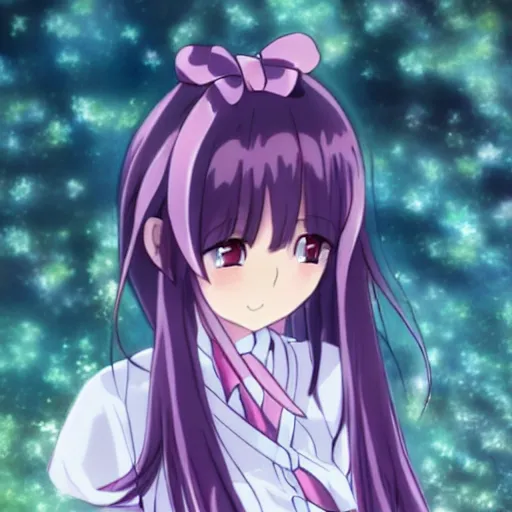 Image similar to pink - haired girl with blue ribbons in her hair, anime, kyoto animation, magical, sharp