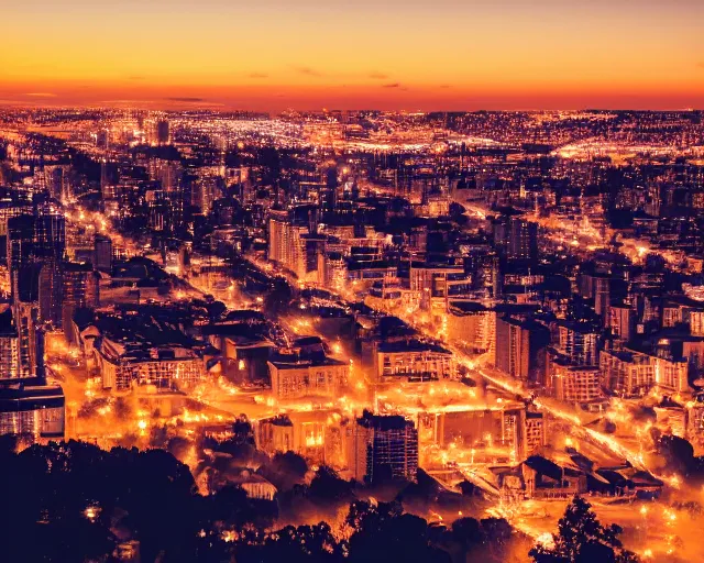 Prompt: a view of a city from a distance at night, a matte painting by konstantinas ciurlionis, featured on unsplash, synchromism, photo taken with nikon d 7 5 0, high dynamic range, nightscape