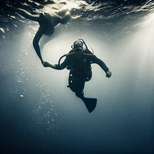 Prompt: scuba diver underwater in darkness surrounded by teeth-like nightmares in the dark, cinematic, 4k,