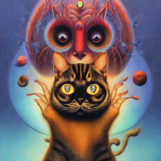 Image similar to a cat having an ego trip, by alex grey, by Esao Andrews and Karol Bak and Zdzislaw Beksinski and Zdzisław Beksiński, trending on ArtStation