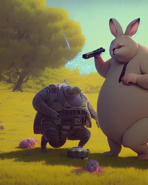 Prompt: highly detailed surreal vfx portrait of a cute, happy big chungus, shooting two mac - 1 0 s, stephen bliss, unreal engine, greg rutkowski, loish, rhads, beeple, makoto shinkai and lois van baarle, ilya kuvshinov, rossdraws, tom bagshaw, alphonse mucha, global illumination, detailed and intricate environment