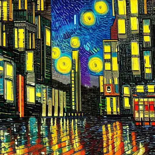 Image similar to painting of a cyberpunk city with high tech and flying cars in the style of vincent van gogh