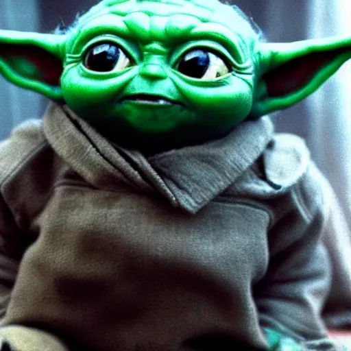 Image similar to baby yoda evil grin